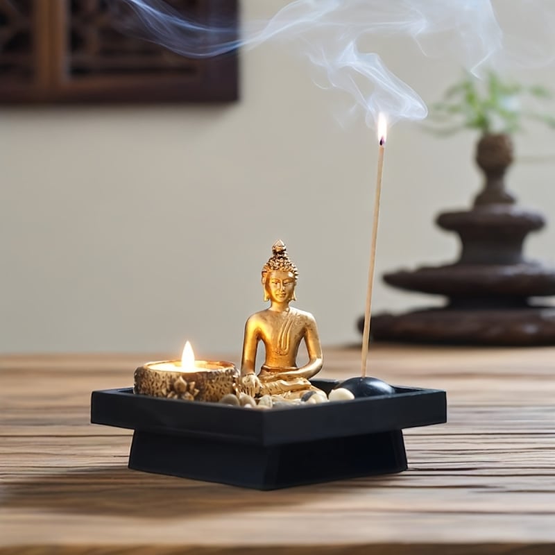 Suport pentru tămâie cu tavă Zen de nisip – decor din rășină și lemn, brand YFNT