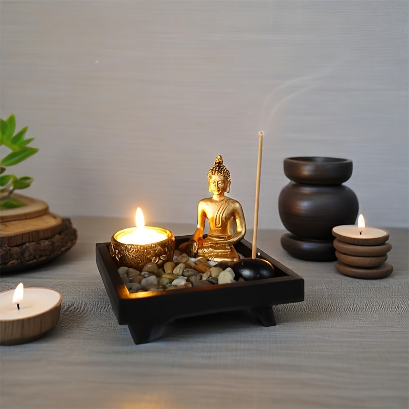 Suport pentru tămâie cu tavă Zen de nisip – decor din rășină și lemn, brand YFNT