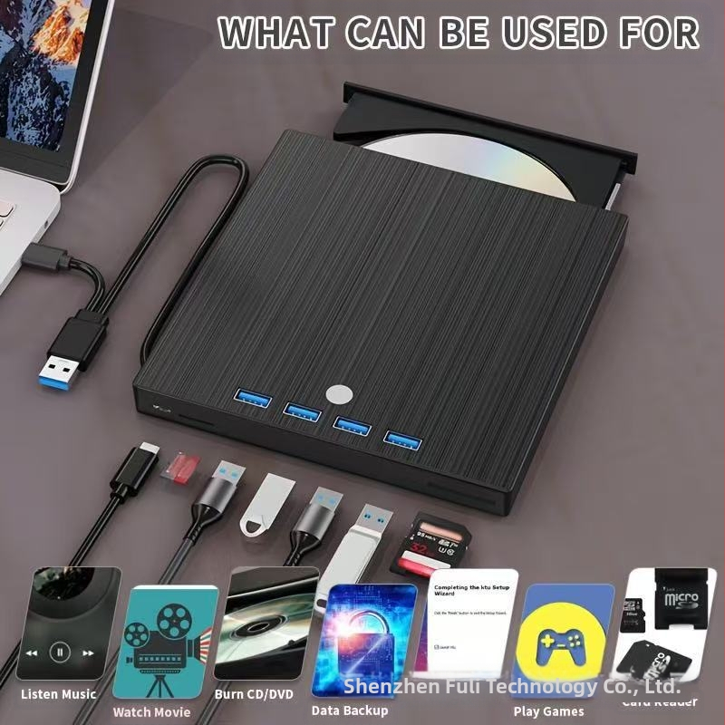 Външен 7-в-1 DVD рекордер с USB 3.0 и Type-C, тава за зареждане, 24x четене, 8x запис, поддръжка на DVD-RW