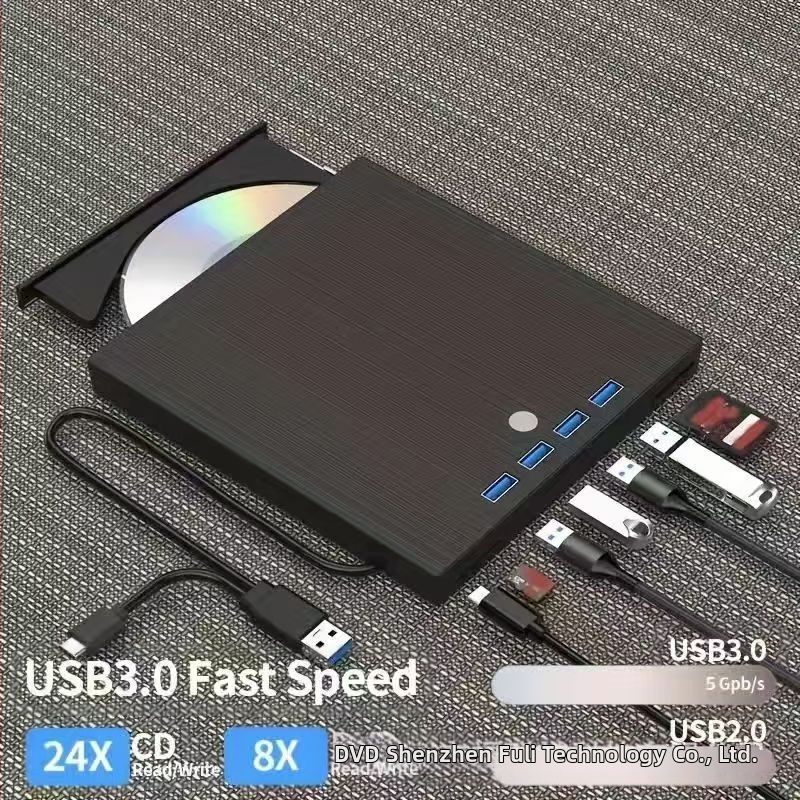 Εξωτερικός 7-σε-1 DVD καταγραφέας με USB 3.0 και Type-C, μηχανισμός φόρτωσης με δίσκο, ανάγνωση 24x, εγγραφή 8x, DVD-RW υποστήριξη