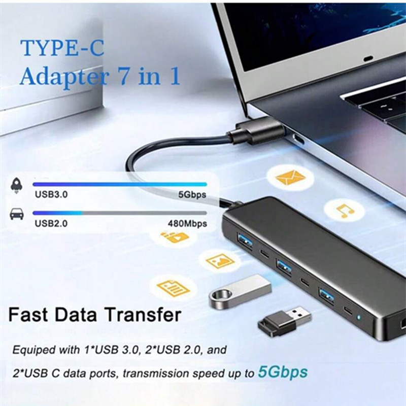 Type-C 7-σε-1 dock με USB 3.0 και HDMI, έξοδος HDMI σε τηλεόραση/προβολέα/οθόνη, 5 Gbps, καλώδιο 14 cm