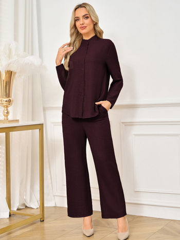 Αμπάγια γυναικείο κοστούμι με πουκάμισο και παντελόνια, μακρύς μανίκι, πολυεστέρας 95%+, κωδικός Ms 514, τεχνική collage, 2025 έκδοση