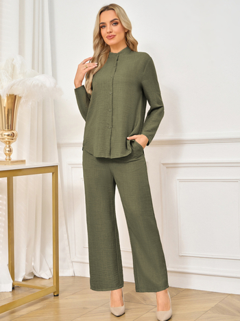 Αμπάγια γυναικείο κοστούμι με πουκάμισο και παντελόνια, μακρύς μανίκι, πολυεστέρας 95%+, κωδικός Ms 514, τεχνική collage, 2025 έκδοση