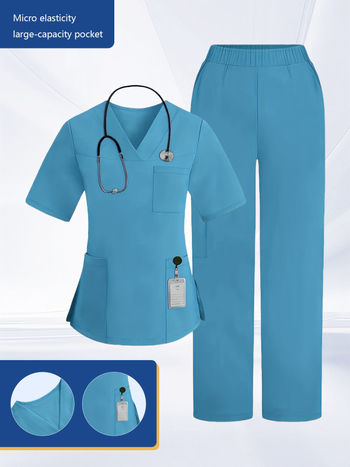 Σετ δύο τεμαχίων ιατρικού τύπου με V-λαιμό, κοντά μανίκια, πολλές τσέπες, ύφασμα απομάκρυνσης υγρασίας πολυεστέρα-σπαντέξ