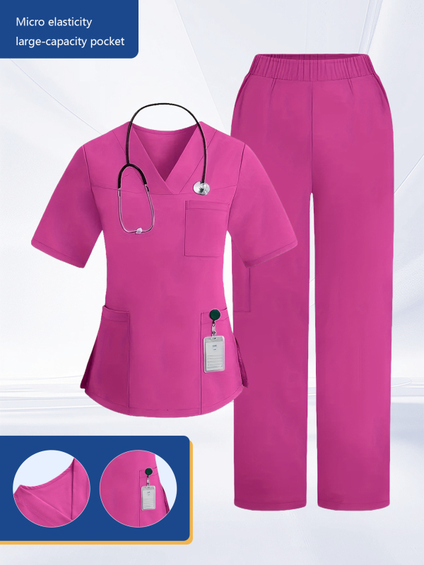 Divdaļīgs scrubs komplekts ar V kaklu, īsām piedurknēm, vairākām kabatām, mitrumu vadījošs poliester-spandeksa audums