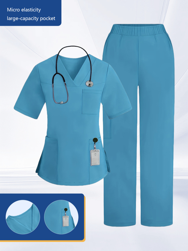 Divdaļīgs scrubs komplekts ar V kaklu, īsām piedurknēm, vairākām kabatām, mitrumu vadījošs poliester-spandeksa audums