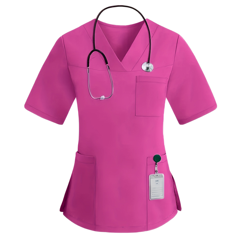 Divdaļīgs scrubs komplekts ar V kaklu, īsām piedurknēm, vairākām kabatām, mitrumu vadījošs poliester-spandeksa audums