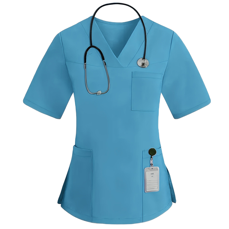 Divdaļīgs scrubs komplekts ar V kaklu, īsām piedurknēm, vairākām kabatām, mitrumu vadījošs poliester-spandeksa audums