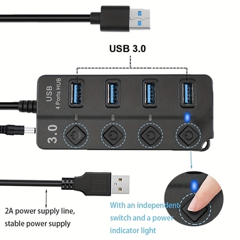 USB 3.0 διανομέας με 4 θύρες, ανεξάρτητος διακόπτης, 5 Gbps, εξωτερική τροφοδοσία