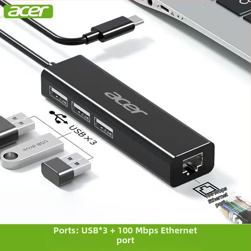 Acer Type-C Ethernet адаптер и USB хъб HY41-T41, USB 2.0, 100 Mbps, 1–4 разделителя