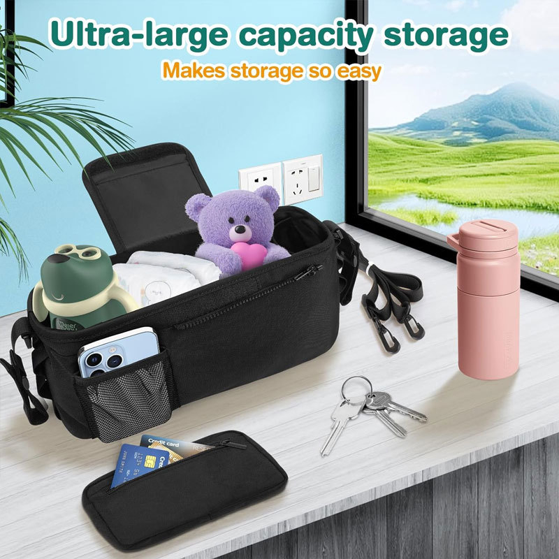 Pakabinamasis krepšelis vežimėliui su šilumine izoliacija buteliui ir žaislams | Medžiaga: Oxford audinys; Talpa: 6; Funkcijos: nešiojamas, sulankstomas