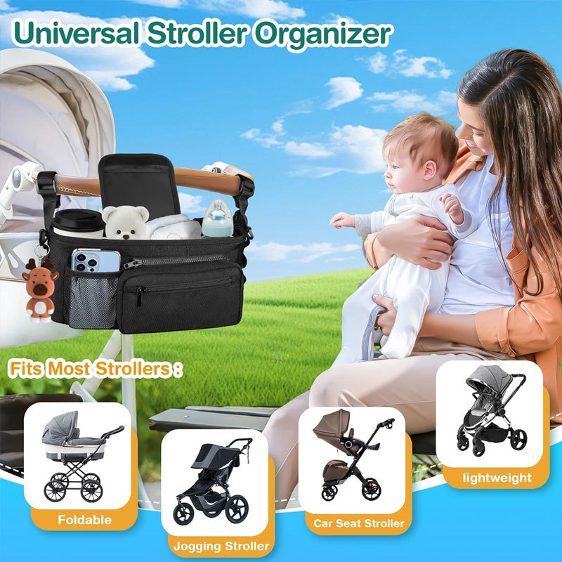 Pakabinamasis krepšelis vežimėliui su šilumine izoliacija buteliui ir žaislams | Medžiaga: Oxford audinys; Talpa: 6; Funkcijos: nešiojamas, sulankstomas