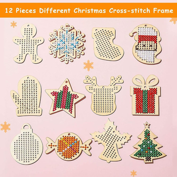 Drveni set za božićno križno šivanje sa sobom, Djedom Mrazom i privjeskom pahulje (prazan) – moderni minimalistički stil, ručni rad za djecu