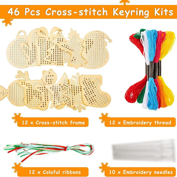 Дървен комплект за коледно кръстосано бродиране със елен, Дядо Коледа и снежинка – модерен минималистичен стил, ръчна изработка за деца, от тополово дърво, куха висулка