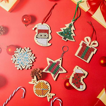 Дървен комплект за коледно кръстосано бродиране със елен, Дядо Коледа и снежинка – модерен минималистичен стил, ръчна изработка за деца, от тополово дърво, куха висулка