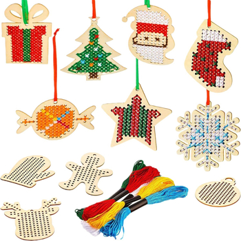 Дървен комплект за коледно кръстосано бродиране със елен, Дядо Коледа и снежинка – модерен минималистичен стил, ръчна изработка за деца, от тополово дърво, куха висулка