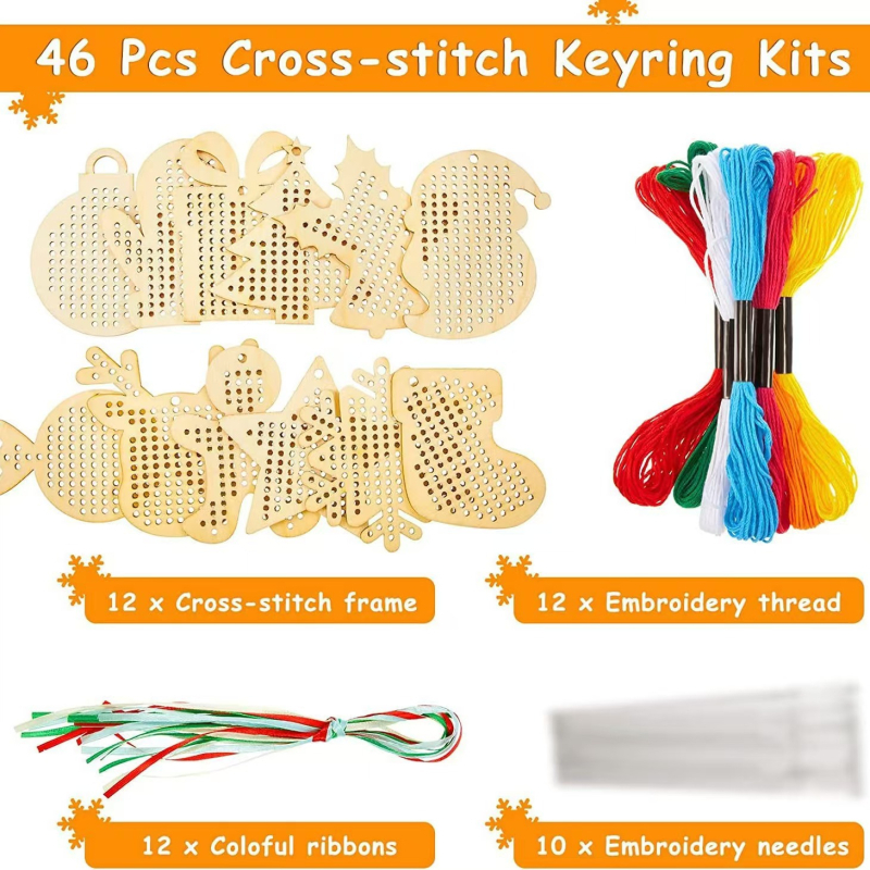 Drveni set za božićno križno šivanje sa sobom, Djedom Mrazom i privjeskom pahulje (prazan) – moderni minimalistički stil, ručni rad za djecu