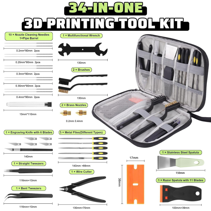 Σετ 43 τεμαχίων εργαλείων για 3D εκτυπωτή: καθαρισμός ακροφύλιου FDM/SLA, αποσυναρμολόγηση με ξύστρα, ακριβής επεξεργασία, PLA υλικό