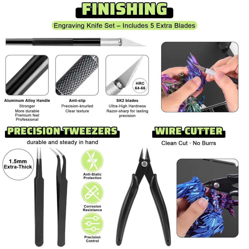 Σετ 43 τεμαχίων εργαλείων για 3D εκτυπωτή: καθαρισμός ακροφύλιου FDM/SLA, αποσυναρμολόγηση με ξύστρα, ακριβής επεξεργασία, PLA υλικό