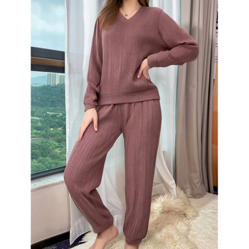 Set de pijamale femei: top cu decolteu în V și mâneci lungi și pantaloni, Sea Island Silk, ultra-subțire 40 g/m², stil pastoral transparent