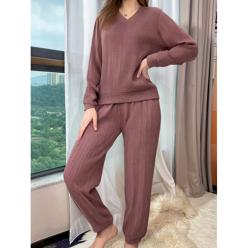 Set de pijamale femei: top cu decolteu în V și mâneci lungi și pantaloni, Sea Island Silk, ultra-subțire 40 g/m², stil pastoral transparent