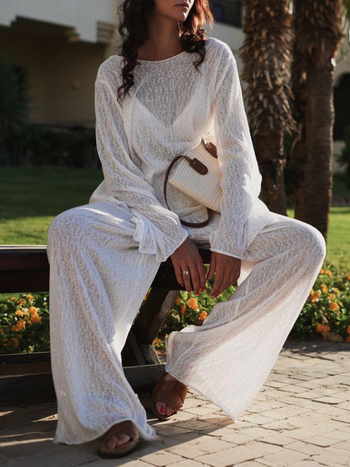 Ženski kućni komplet s dugim rukavima i dugim hlačama | Poliester 95%+, elastan; jednobojni uzorak; šavovi šivenja