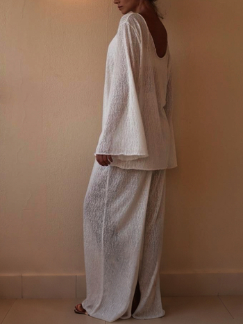 Γυναικείο σετ χαλάρωσης για το σπίτι με μακριά μανίκια και μακριές παντελόνες | Πολυεστέρας 95%+, ελαστάν; μονόχρωμο σχέδιο; ραφές