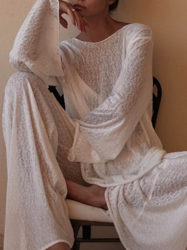 Ženski kućni komplet s dugim rukavima i dugim hlačama | Poliester 95%+, elastan; jednobojni uzorak; šavovi šivenja