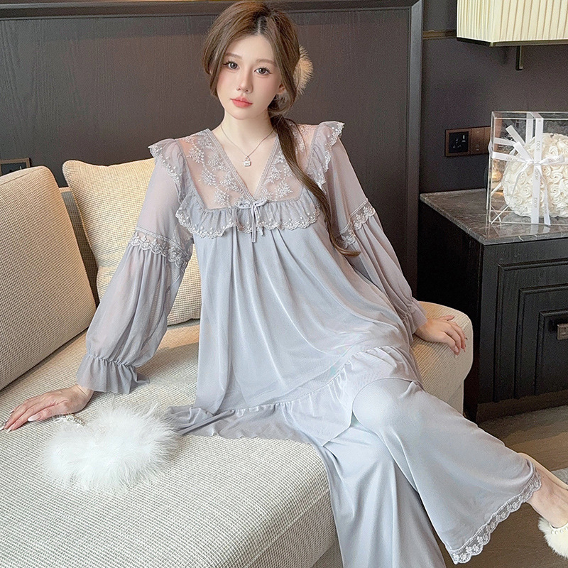 Pizsama szett hálószövetes csipkével, hercegnői laza fazon, V-nyak, 3/4-ujjú, poliészter 90-95%