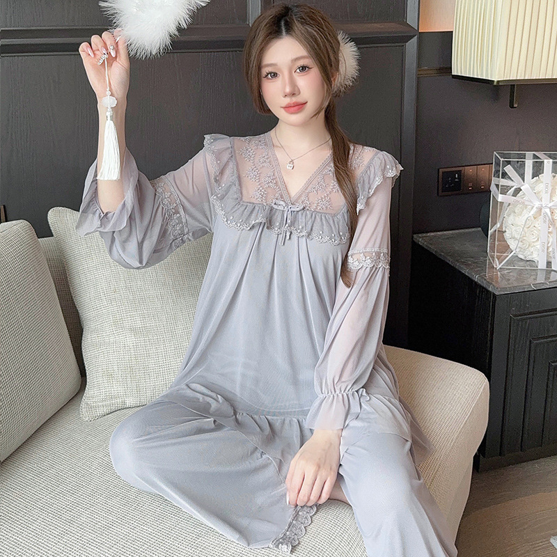 Pizsama szett hálószövetes csipkével, hercegnői laza fazon, V-nyak, 3/4-ujjú, poliészter 90-95%