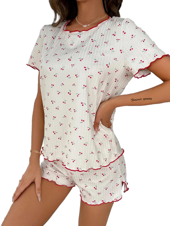 Γυναικείο σετ δύο τεμαχίων με εκτύπωση κεράσι, παντελόνι 3/4, πολυεστέρας-σπαντέξ, κανονικά μανίκια, άνοιξη 2024