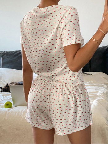 Σετ πιτζάμες δύο τεμαχίων – με σχέδιο καρδιάς, πολυεστέρας 95%+, 3/4 μανίκια, ιαπωνικό/κορεάτικο casual στυλ, Καλοκαίρι 2025