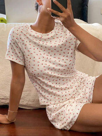 Σετ πιτζάμες δύο τεμαχίων – με σχέδιο καρδιάς, πολυεστέρας 95%+, 3/4 μανίκια, ιαπωνικό/κορεάτικο casual στυλ, Καλοκαίρι 2025