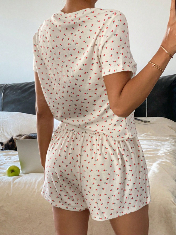 Dvodijelni set pidžame – otisak srca, poliester 95%+, 3/4 rukav, japansko-korejski ležerni stil, ljeto 2025