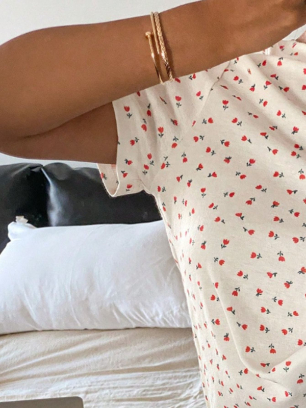 Dvodijelni set pidžame – otisak srca, poliester 95%+, 3/4 rukav, japansko-korejski ležerni stil, ljeto 2025