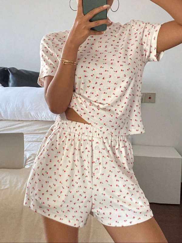 Dvodijelni set pidžame – otisak srca, poliester 95%+, 3/4 rukav, japansko-korejski ležerni stil, ljeto 2025