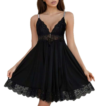 Sling apatinių drabužių su blizgučiais nėriniais, gilus V kaklas, be rankovių, nailoninė naktinaitė, 70–80% nailonas, 161–180 g/m²