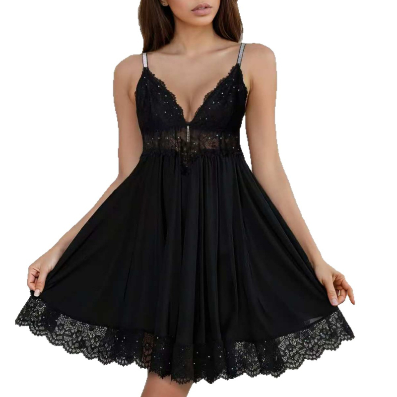 Sling apatinių drabužių su blizgučiais nėriniais, gilus V kaklas, be rankovių, nailoninė naktinaitė, 70–80% nailonas, 161–180 g/m²