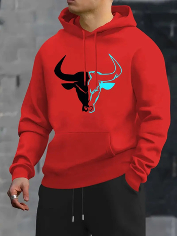 Мъжко худи с принт на крава, качулка, спортно-ежедневен стил, полиестер 96%+, тегло 400 г и повече, дълги ръкави