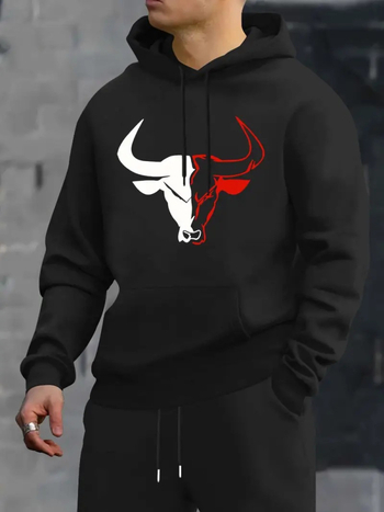 Мъжко худи с принт на крава, качулка, спортно-ежедневен стил, полиестер 96%+, тегло 400 г и повече, дълги ръкави