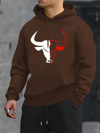 Мъжко худи с принт на крава, качулка, спортно-ежедневен стил, полиестер 96%+, тегло 400 г и повече, дълги ръкави