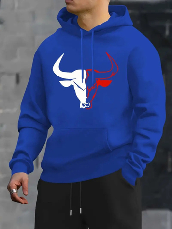 Мъжко худи с принт на крава, качулка, спортно-ежедневен стил, полиестер 96%+, тегло 400 г и повече, дълги ръкави