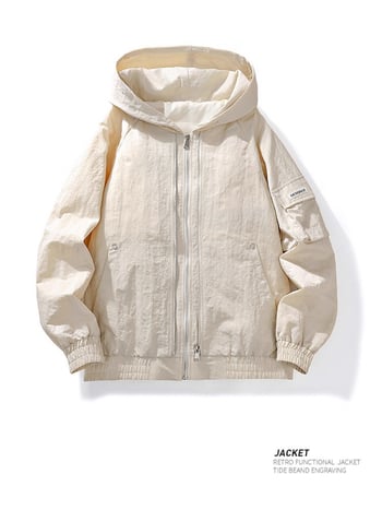 Jachetă bărbătească cu glugă – mâneci lungi, stil retro aviator, țesătură ușoară din amestec fibră metalică, poliester