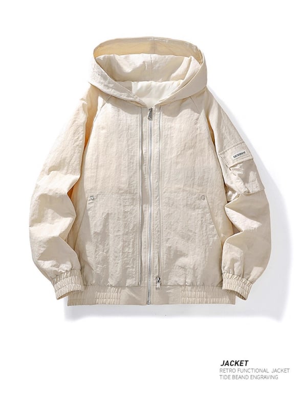 Jachetă bărbătească cu glugă – mâneci lungi, stil retro aviator, țesătură ușoară din amestec fibră metalică, poliester