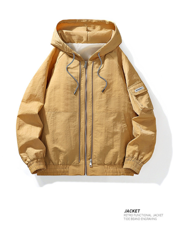 Jachetă bărbătească cu glugă – mâneci lungi, stil retro aviator, țesătură ușoară din amestec fibră metalică, poliester