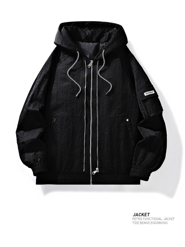 Jachetă bărbătească cu glugă – mâneci lungi, stil retro aviator, țesătură ușoară din amestec fibră metalică, poliester