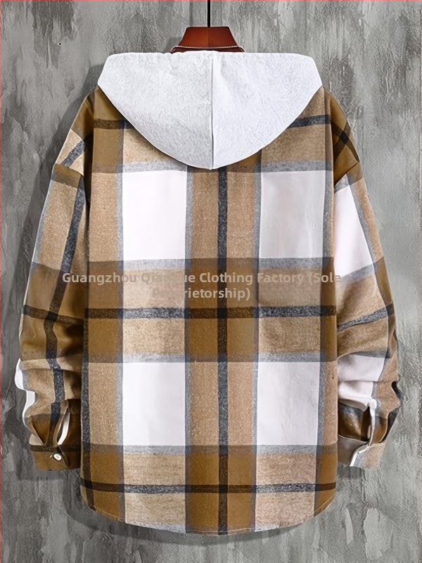 Мъжка ежедневна риза с качулка в каре, детайл с блоков дизайн, стил Хараджуку, изглед на две части