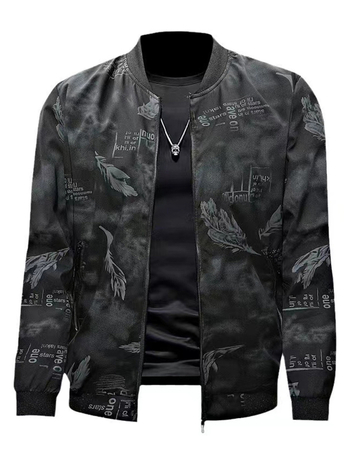 Koreai stílusú férfi dzseki álló gallérral, cipzárral, tollas mintával, poliészter anyagból