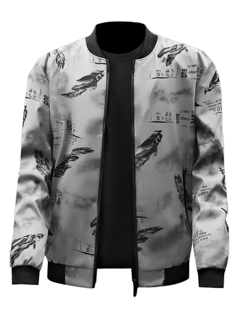 Koreai stílusú férfi dzseki álló gallérral, cipzárral, tollas mintával, poliészter anyagból