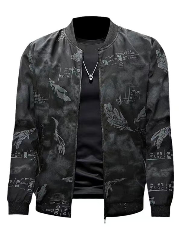 Koreai stílusú férfi dzseki álló gallérral, cipzárral, tollas mintával, poliészter anyagból